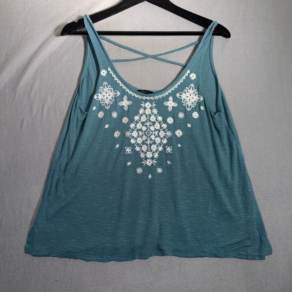 Aeropostale Juniors M Teal Blue Embroidered Boho Festival Strappy Back Tank Top